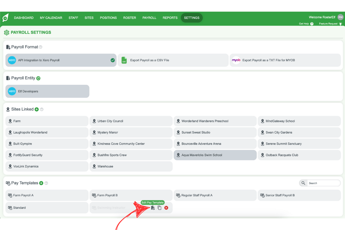 Screenshot showing the allowance type selection options (Daily, Hourly, Weekly) in a RosterElf pay template