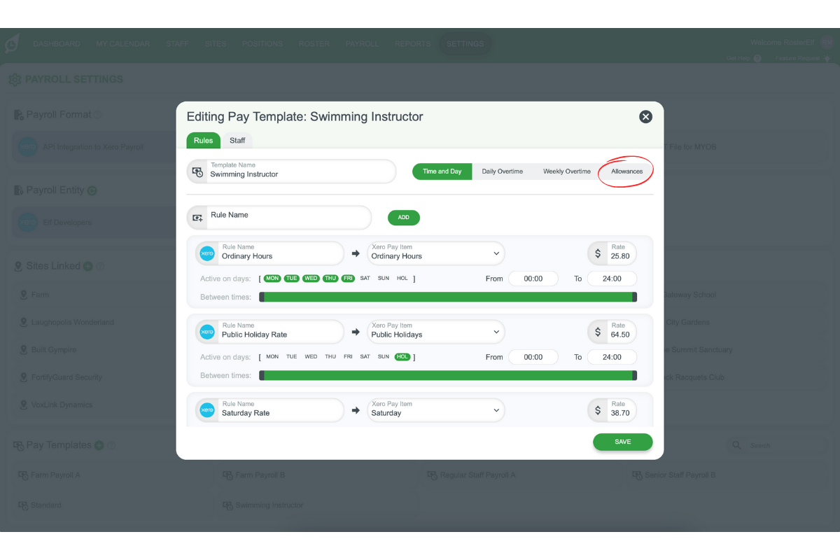 Screenshot showing the Xero pay item dropdown selected in RosterElf allowance settings