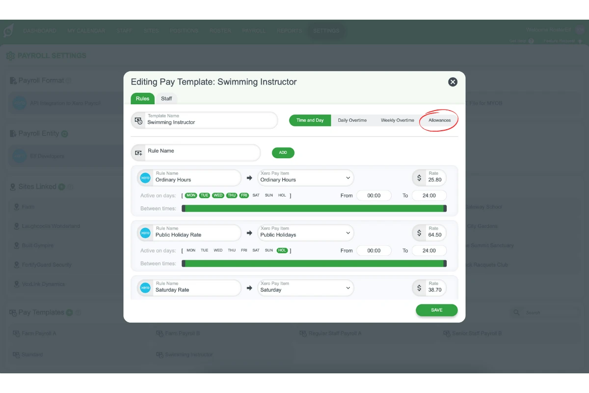 Screenshot showing the Xero pay item dropdown selected in RosterElf allowance settings