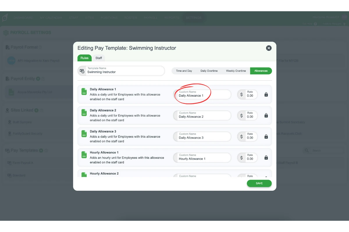Screenshot showing the RosterElf staff list with a staff member selected to assign allowances