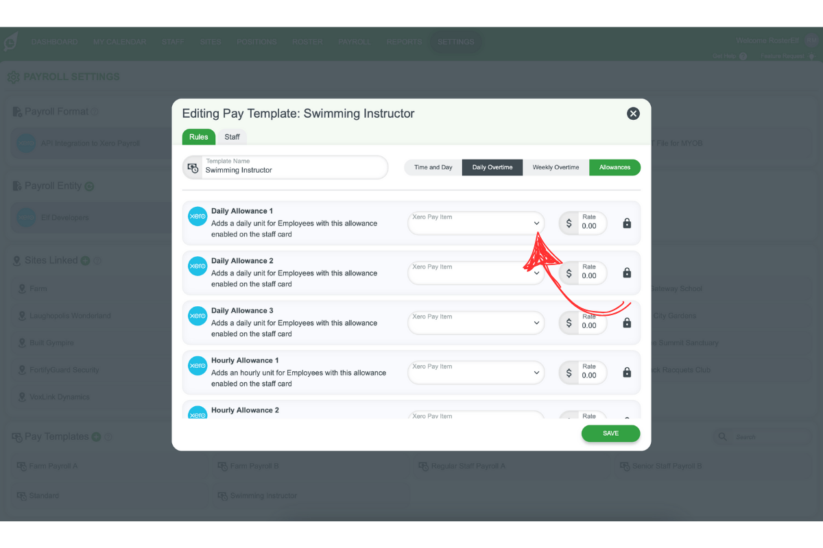 Screenshot showing the Customise option next to a pay template in a staff member's Payroll tab in RosterElf