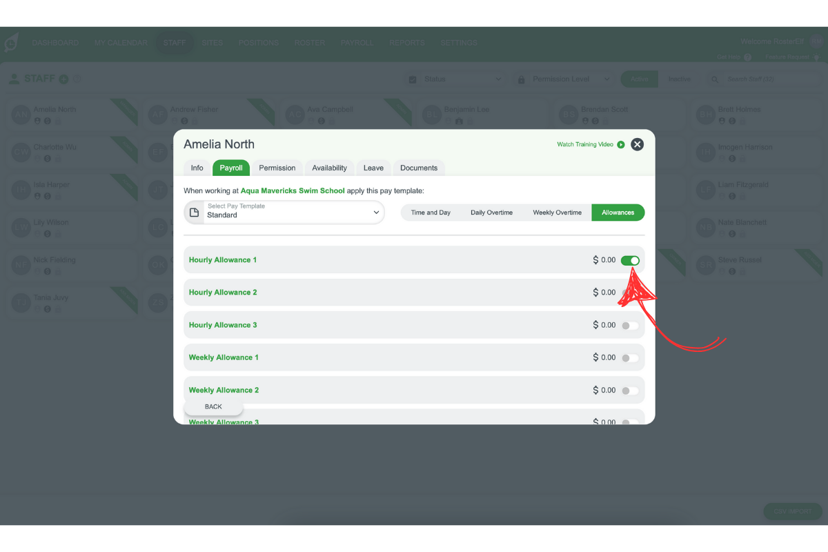 Screenshot showing allowances being toggled on inside a customised pay template for a staff member in RosterElf