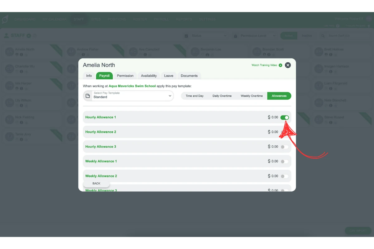 Screenshot showing allowances being toggled on inside a customised pay template for a staff member in RosterElf