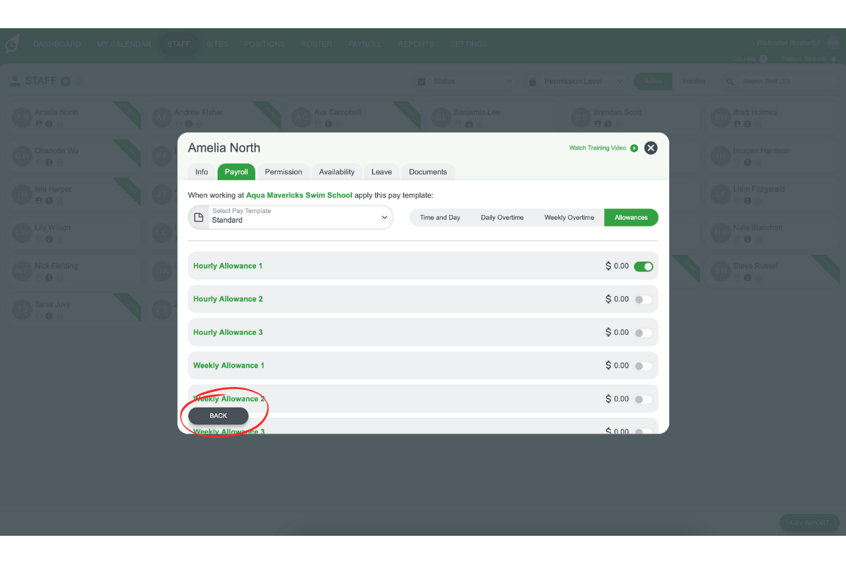 Screenshot showing the Back button to finalise allowances setup across multiple pay templates in RosterElf