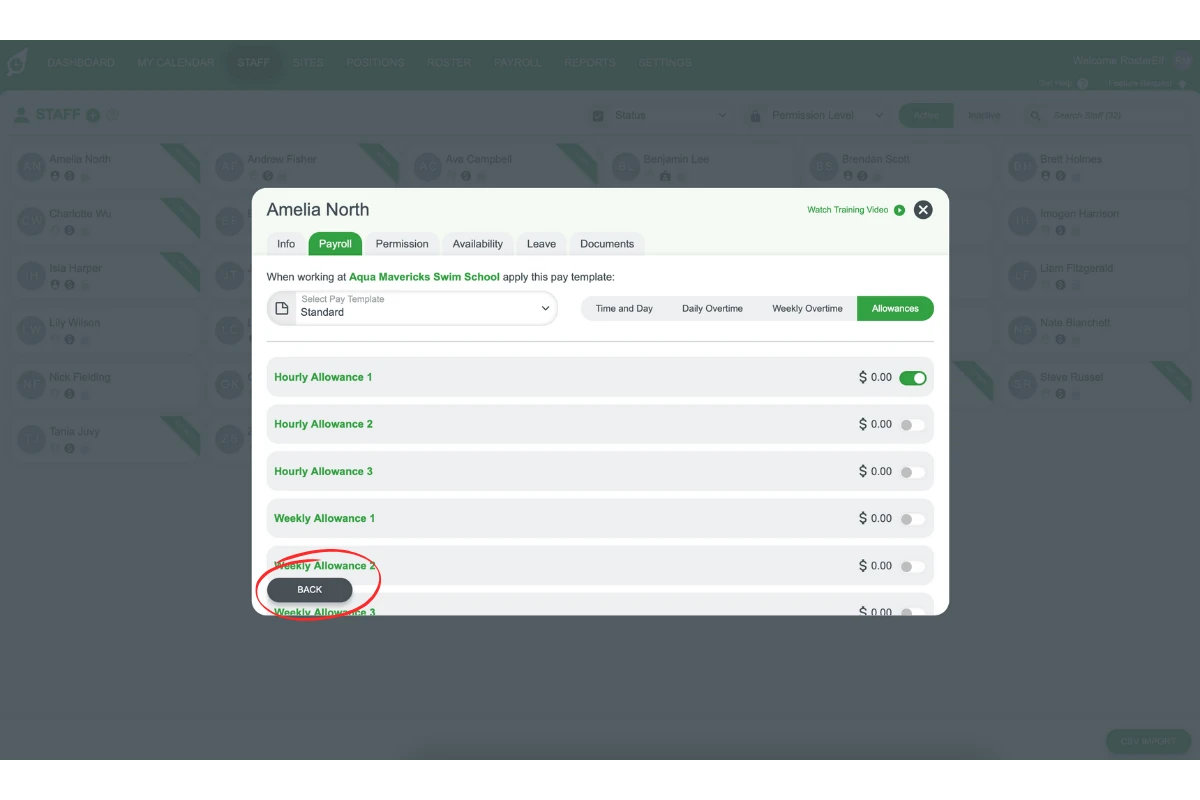 Screenshot showing the Back button to finalise allowances setup across multiple pay templates in RosterElf