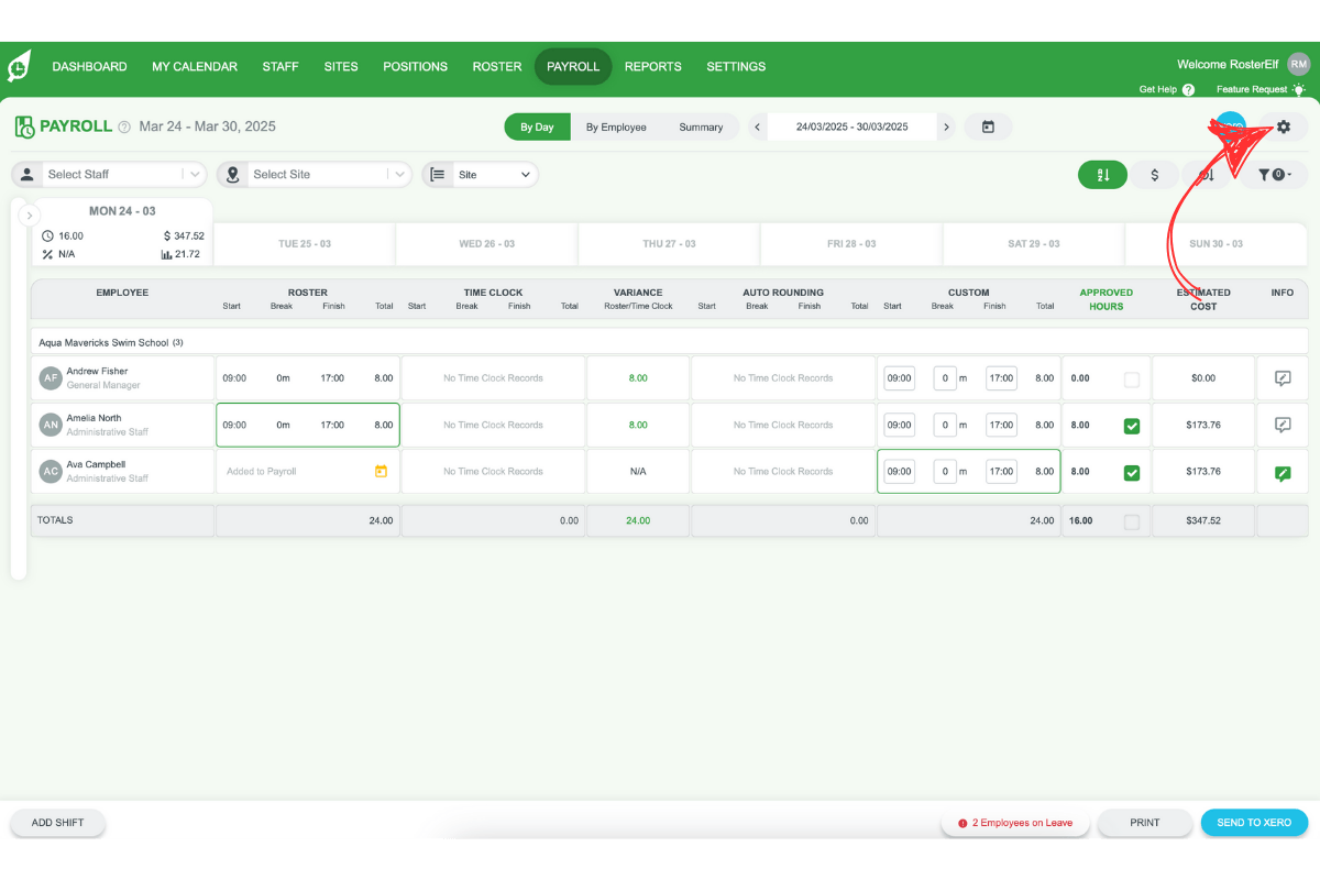 Gear settings icon in RosterElf payroll screen