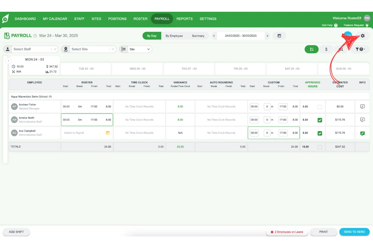 Gear settings icon in RosterElf payroll screen