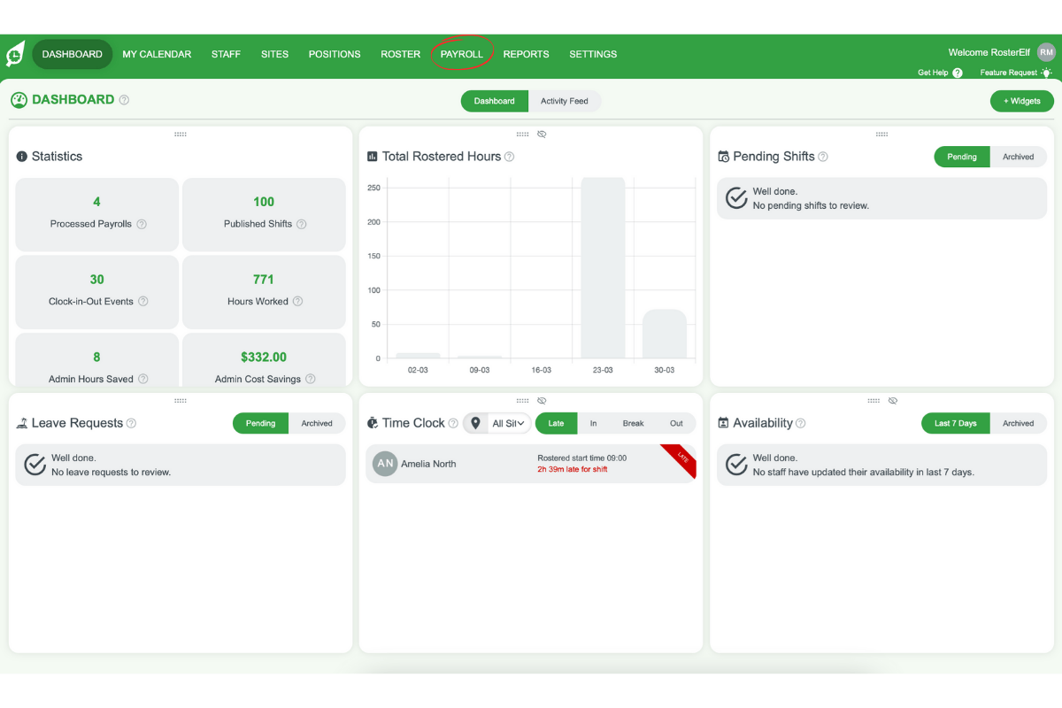 RosterElf Payroll tab in the top navigation menu