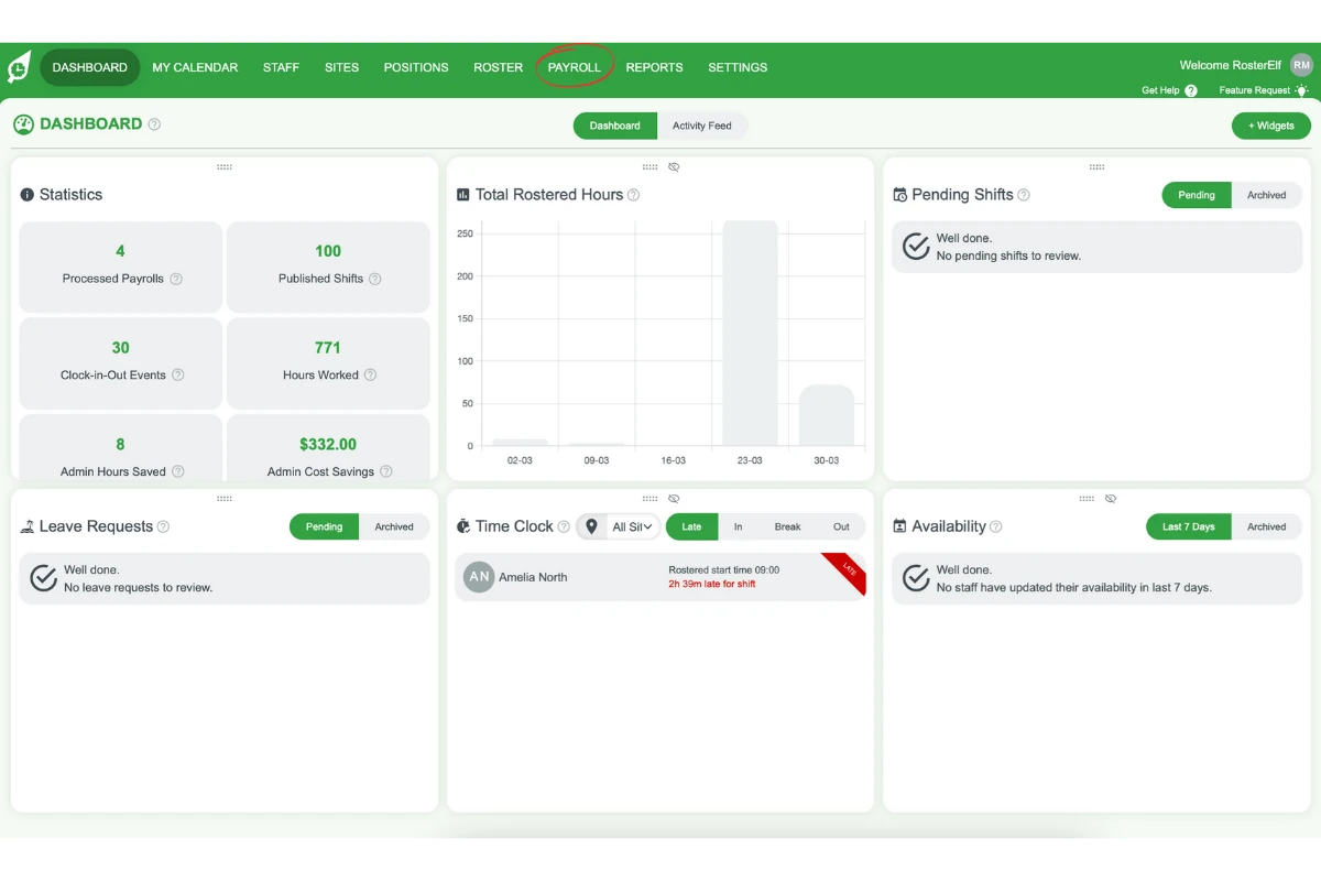 RosterElf Payroll tab in the top navigation menu
