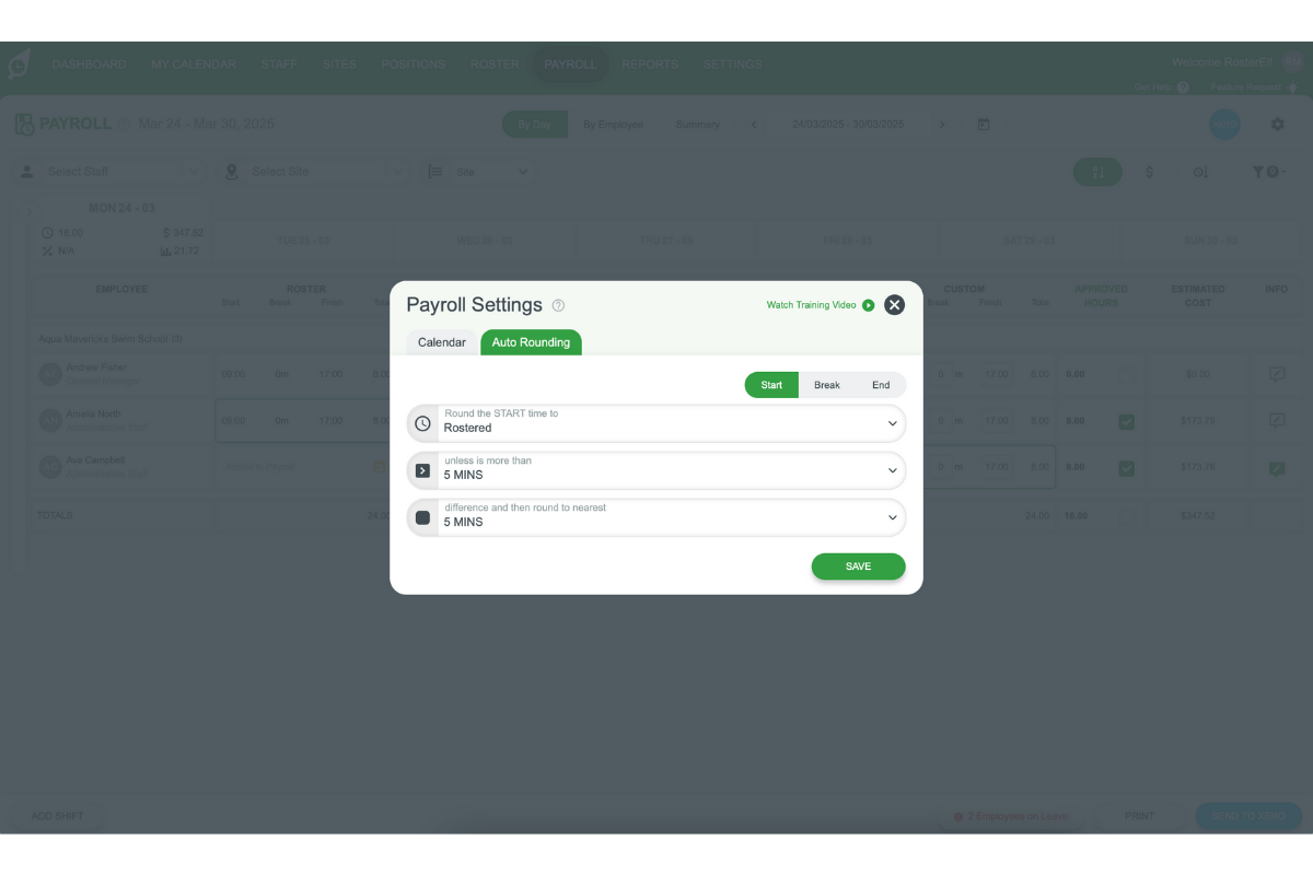 Diagram showing how rostered auto rounding applies to clock-in times in RosterElf