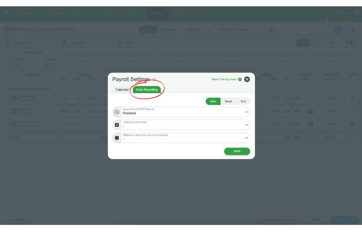 Auto Rounding settings panel in RosterElf payroll settings