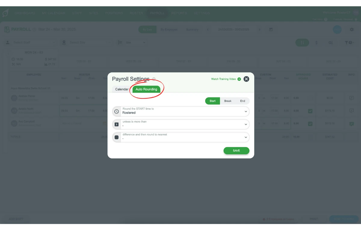 Auto Rounding settings panel in RosterElf payroll settings