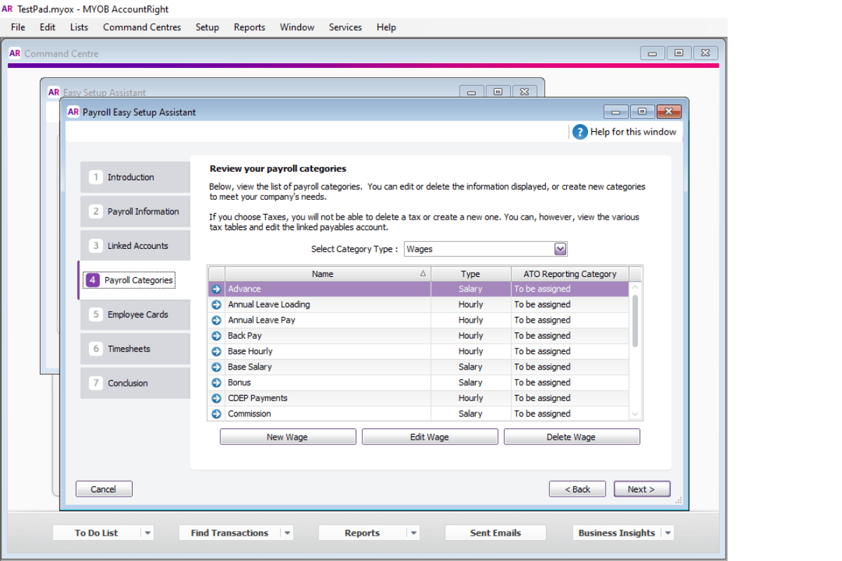 Viewing Payroll Categories in MYOB