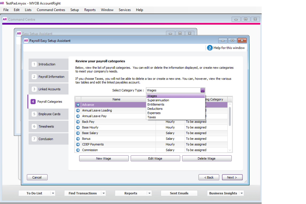 Payroll Category Details in MYOB