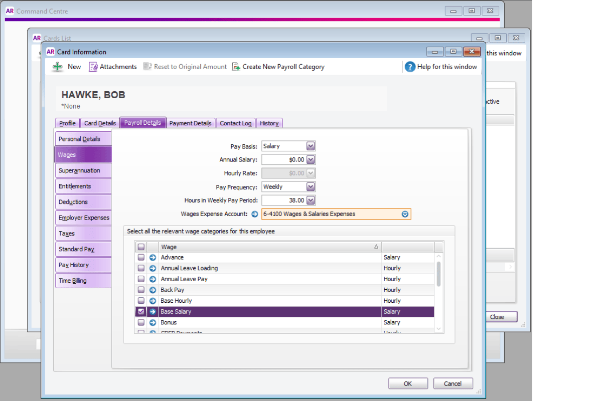Screenshot highlighting the Wages tab in MYOB for category selection