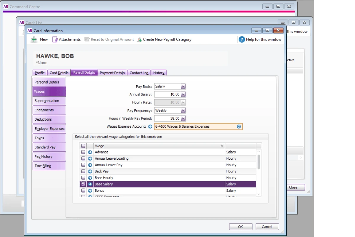 Screenshot highlighting the Wages tab in MYOB for category selection
