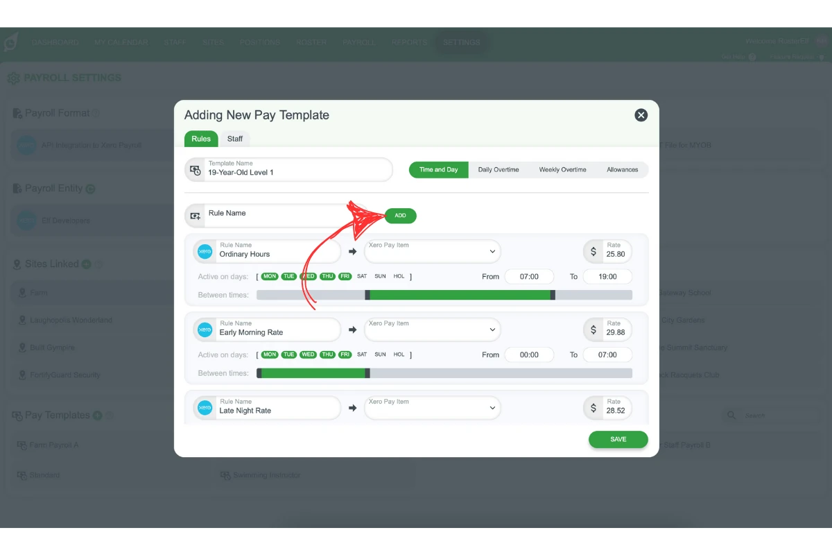 Name and add pay rules in RosterElf pay template