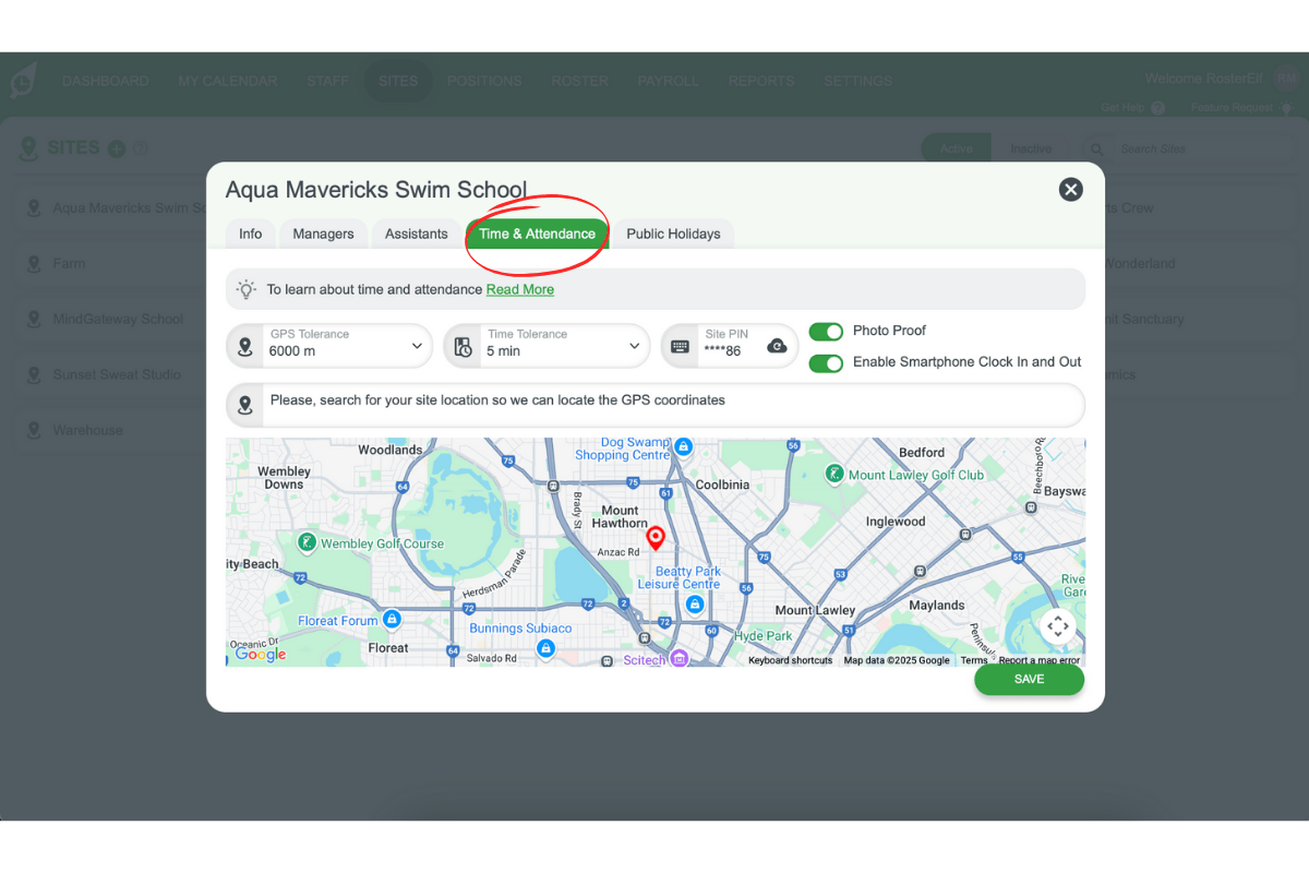Screenshot of the Time & Attendance tab for site-specific settings