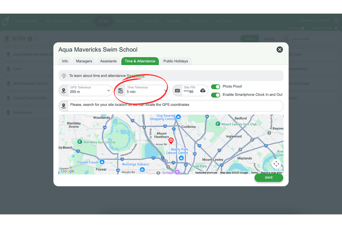 Screenshot of the Time Tolerance slider