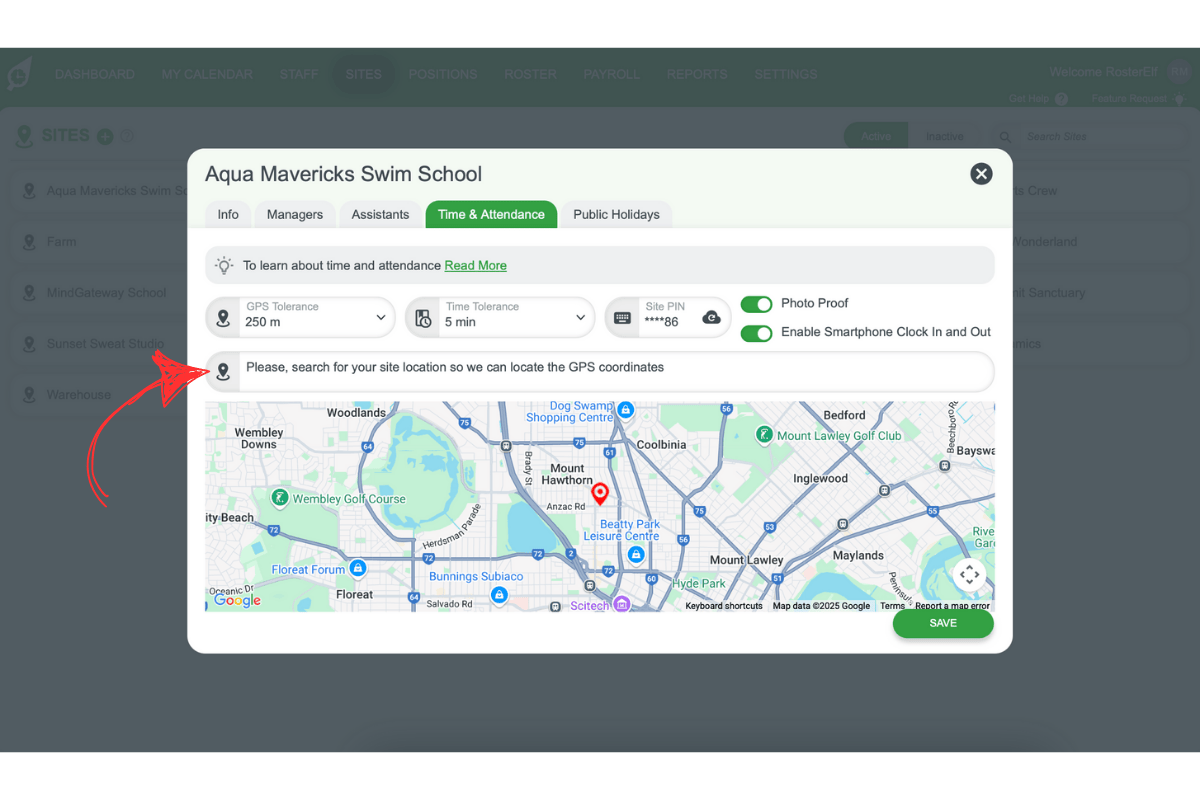 Screenshot illustrating the site location setting