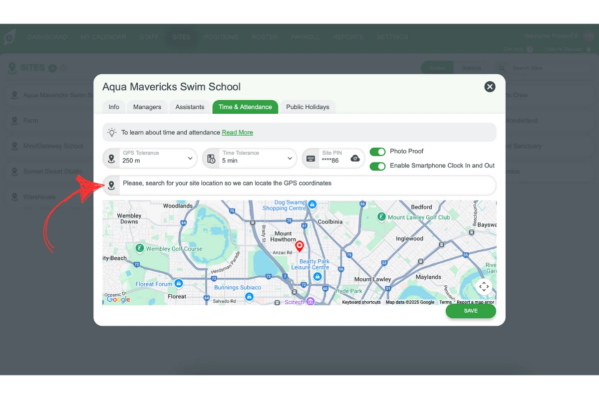 Screenshot illustrating the site location setting