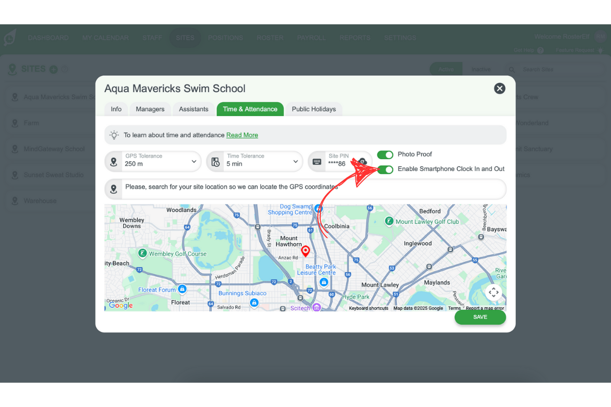 Screenshot enabling smartphone clock-in/out at a site