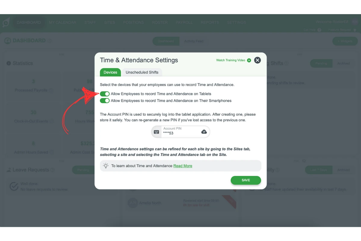 Screenshot of the Time & Attendance global clock-in toggles
