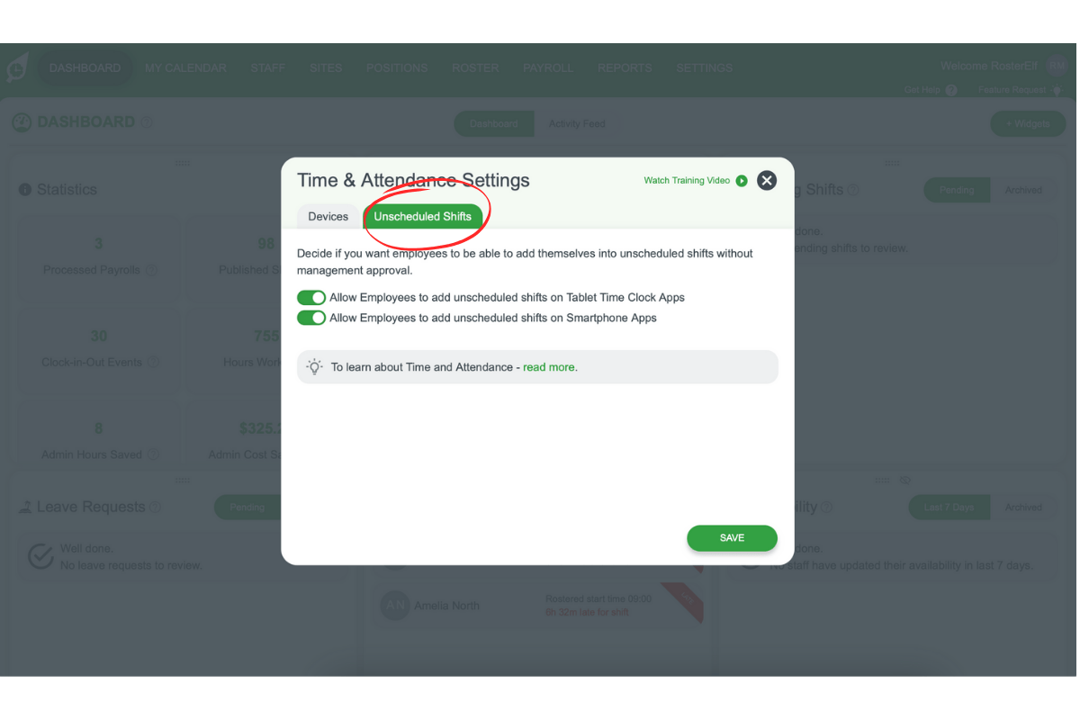 Screenshot showing Unscheduled Shifts feature toggle
