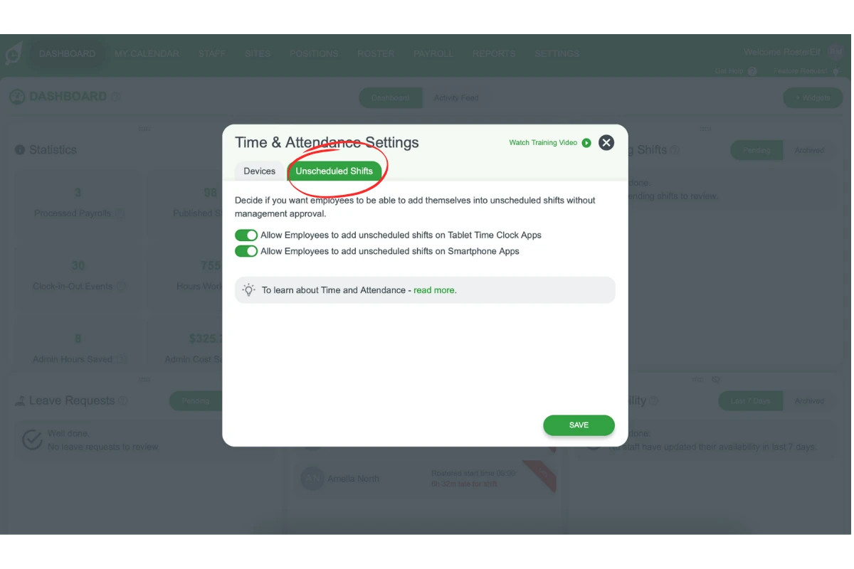 Screenshot showing Unscheduled Shifts feature toggle