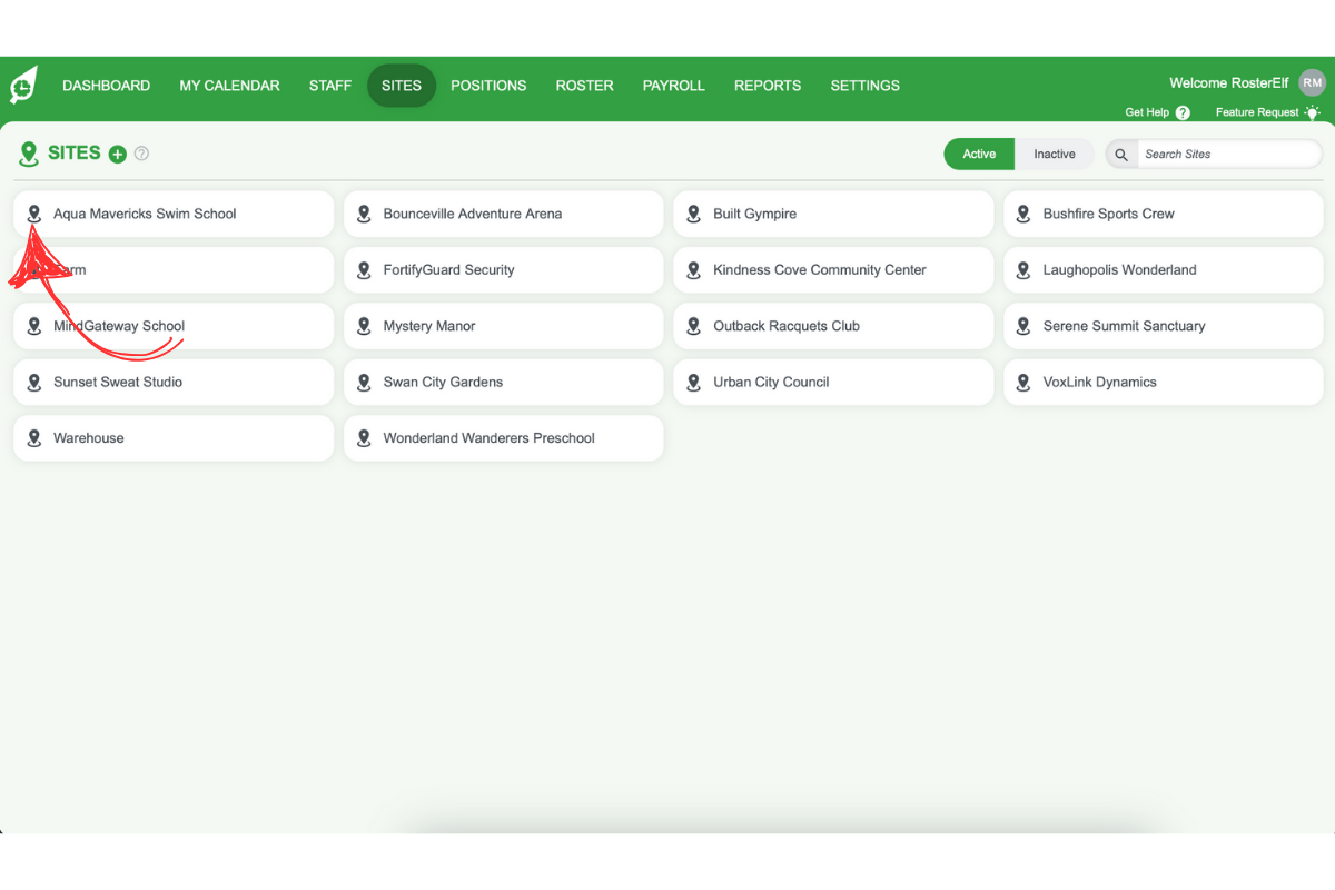 Screenshot indicating how to select a site for Time & Attendance configuration