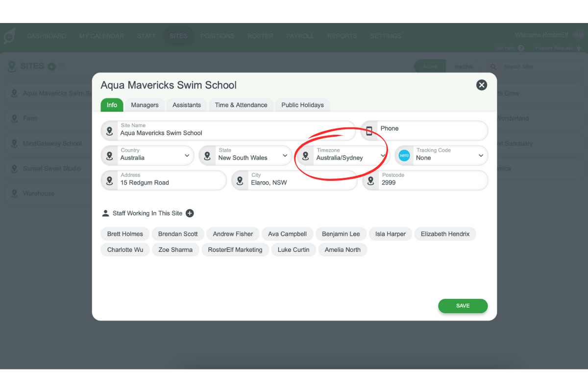 Screenshot showing the time zone setting for a specific site