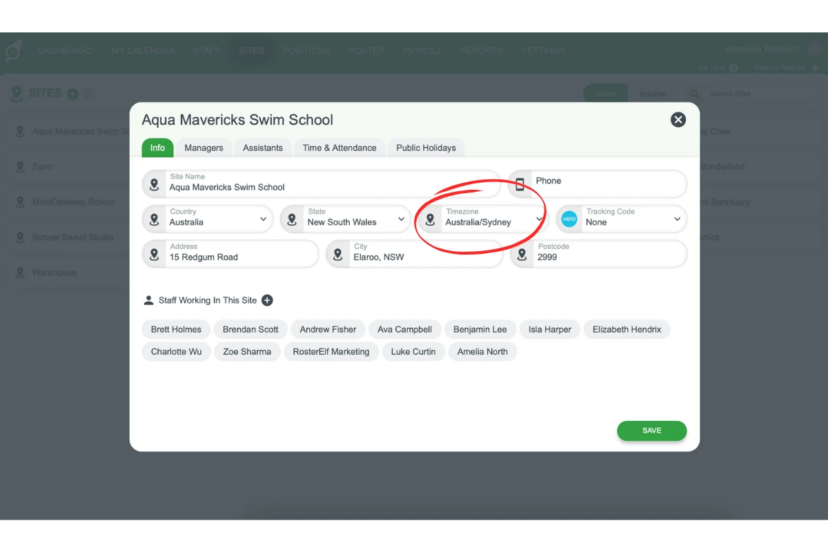 Screenshot showing the time zone setting for a specific site