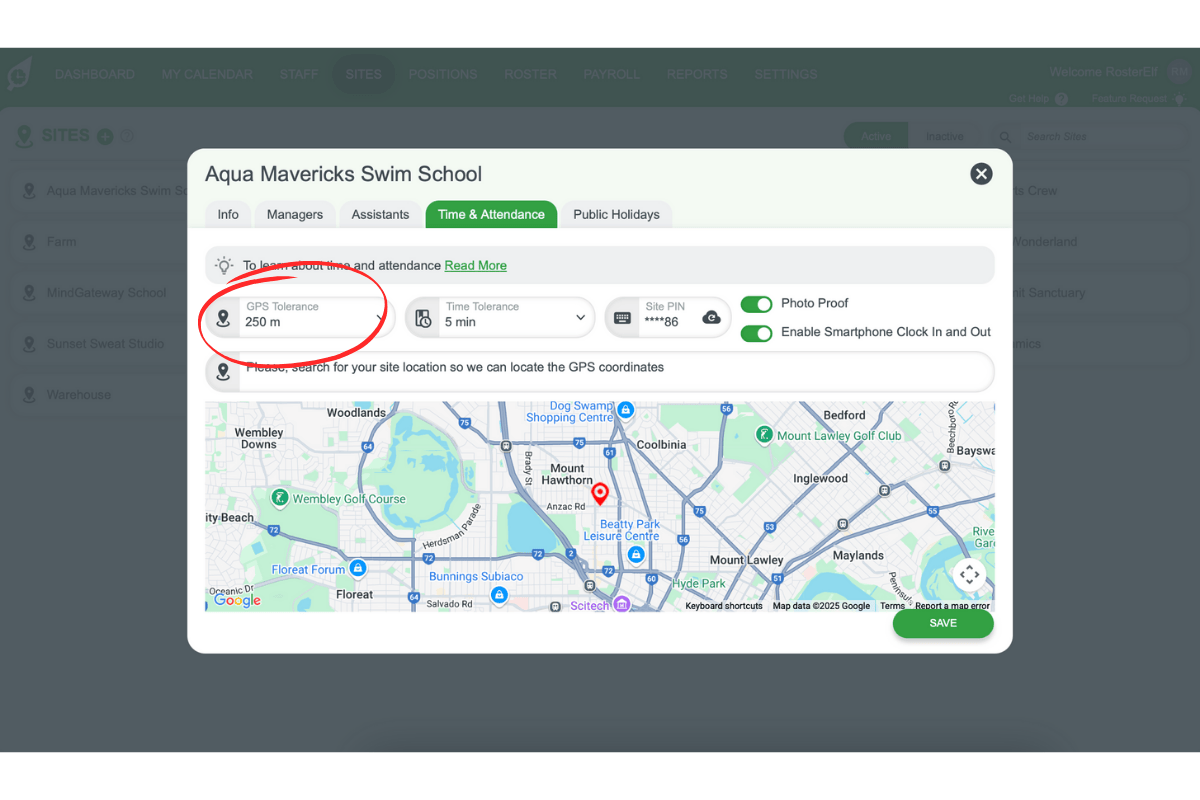 Screenshot showing the GPS Tolerance slider for site