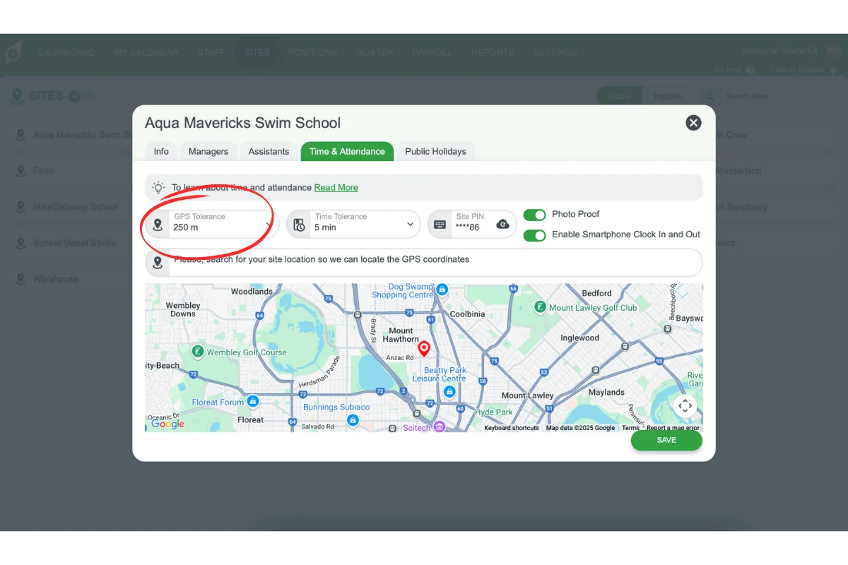 Screenshot showing the GPS Tolerance slider for site
