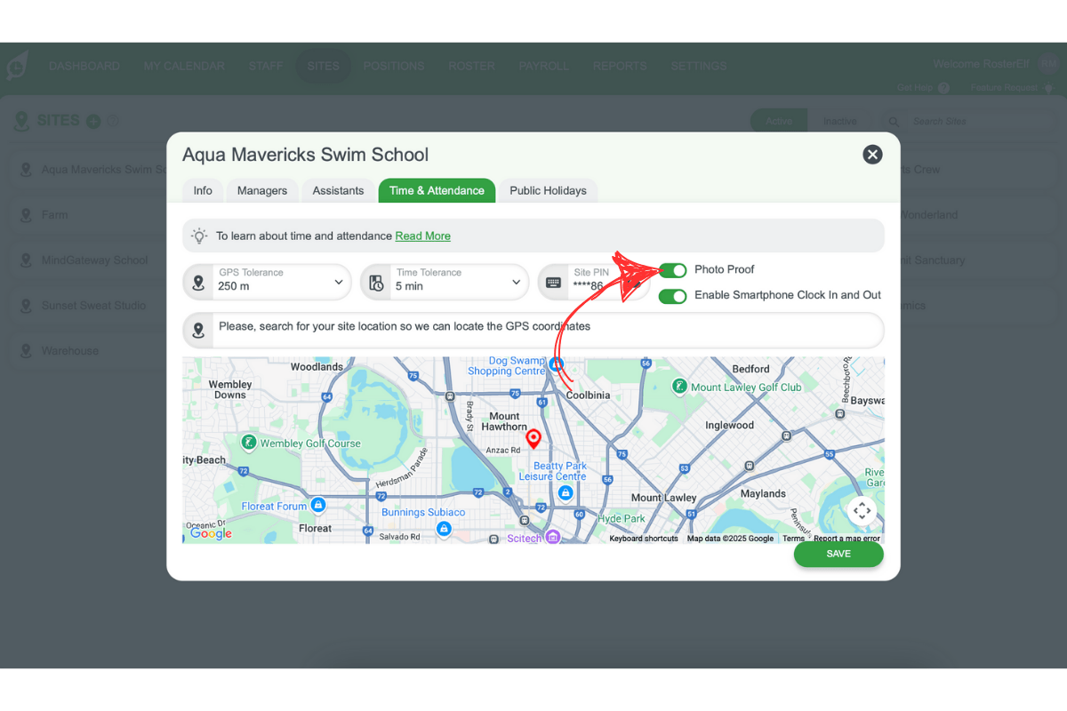Screenshot showing the Photo Proof toggle for site