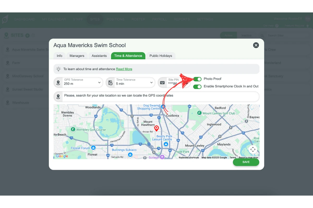 Screenshot showing the Photo Proof toggle for site