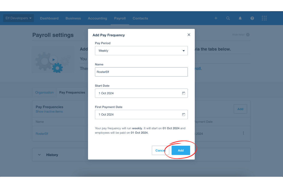 Screenshot illustrating Pay Period and Start Date fields in Xero