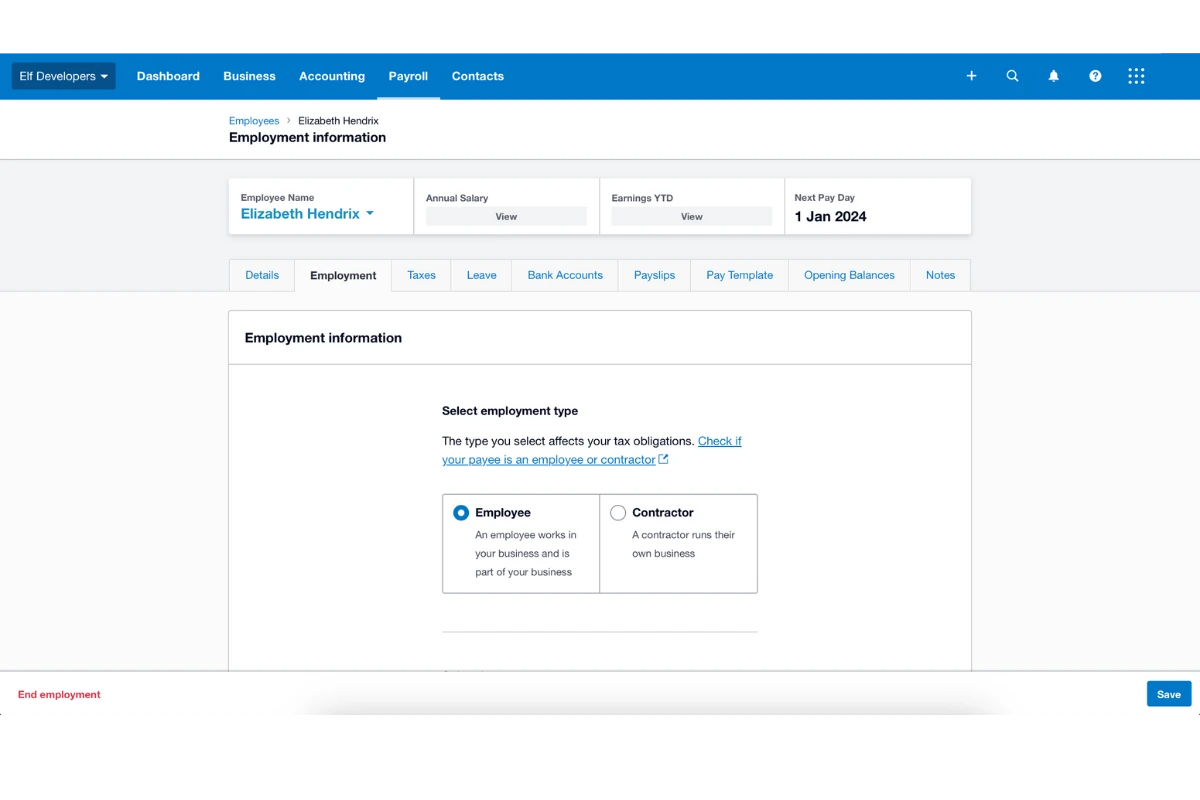 Screenshot of an employee\'s employment tab in Xero