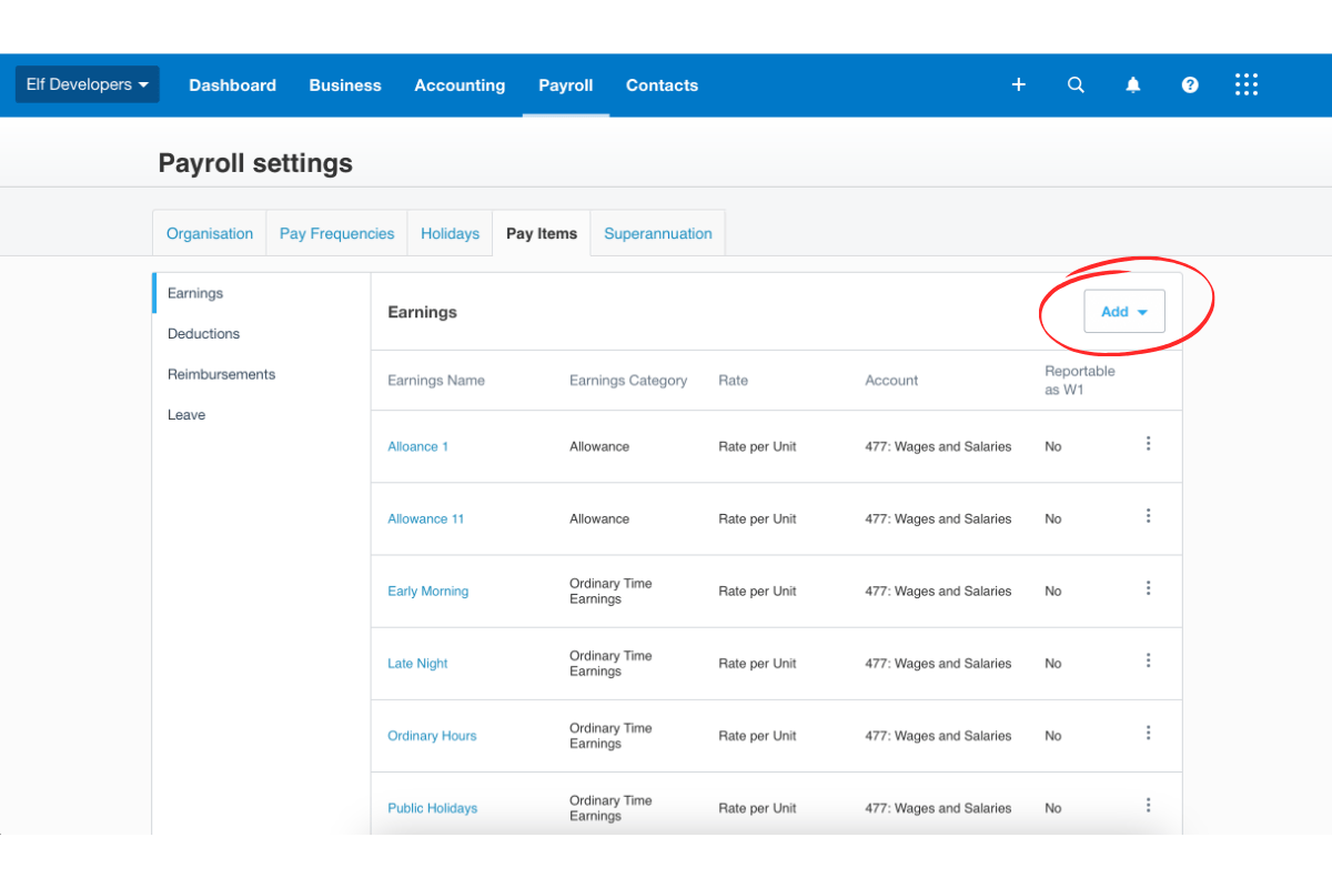 Screenshot displaying the Add Pay Item button in Xero