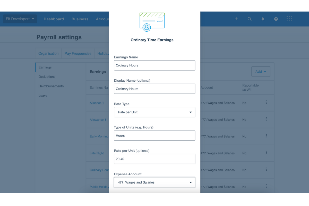 Screenshot showing fields for naming and configuring a pay item in Xero