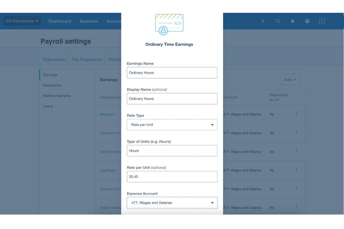 Screenshot showing fields for naming and configuring a pay item in Xero