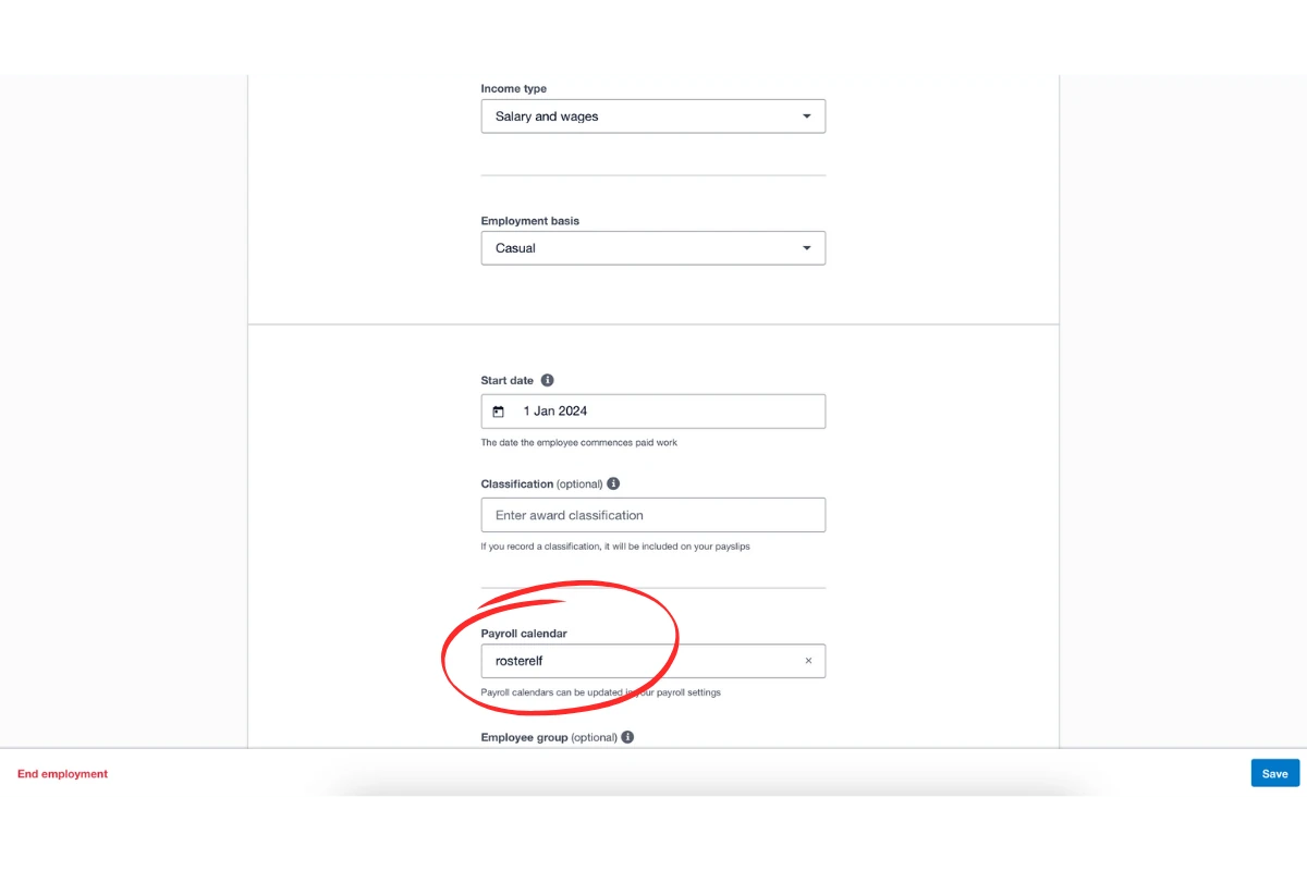 Screenshot showing payroll details in Xero for a specific employee