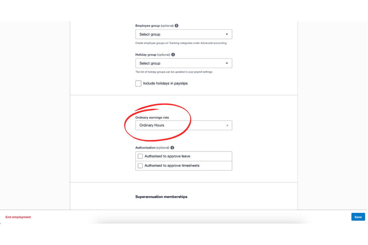 Screenshot of Xero employee record with final settings