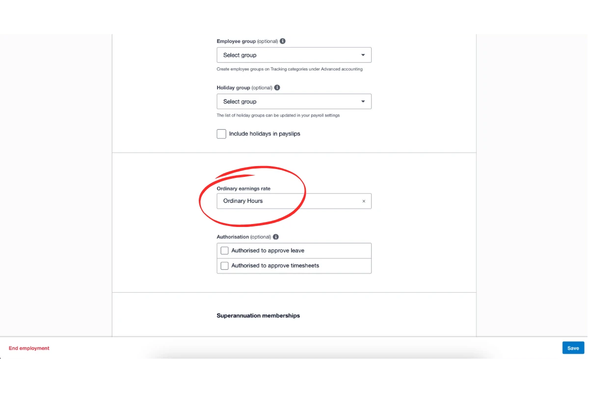 Screenshot of Xero employee record with final settings