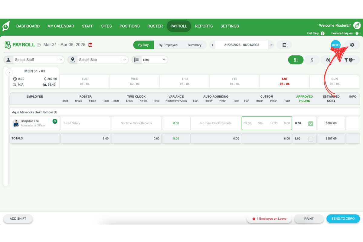 Screenshot showing payroll settings gear in RosterElf’s Payroll