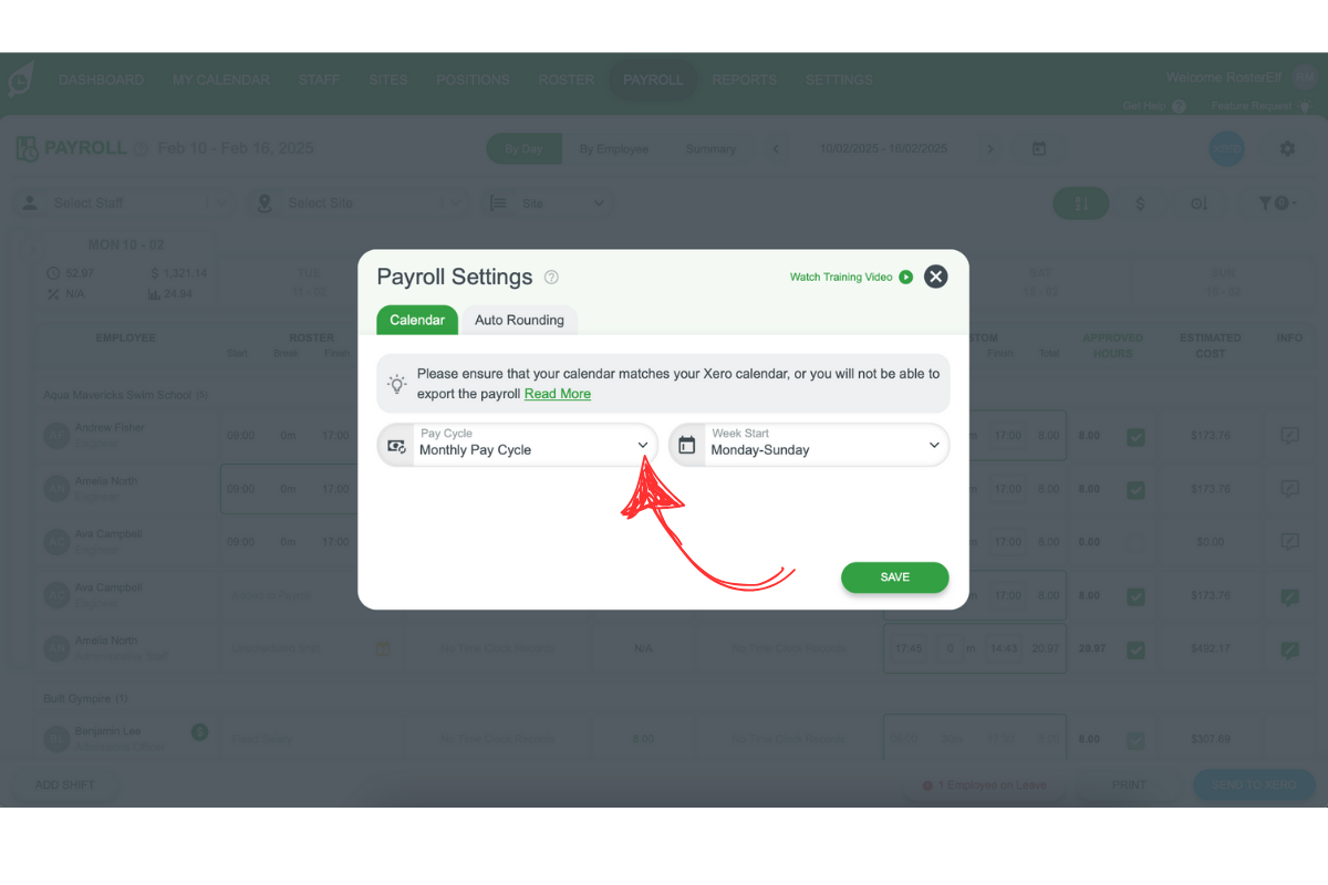 Screenshot illustrating RosterElf’s payroll calendar fields