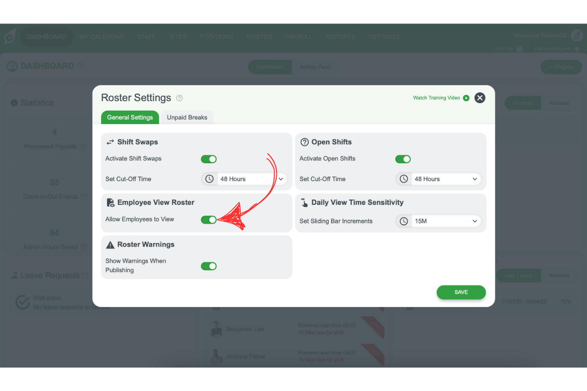 Screenshot showing slider to enable employee roster viewing in RosterElf
