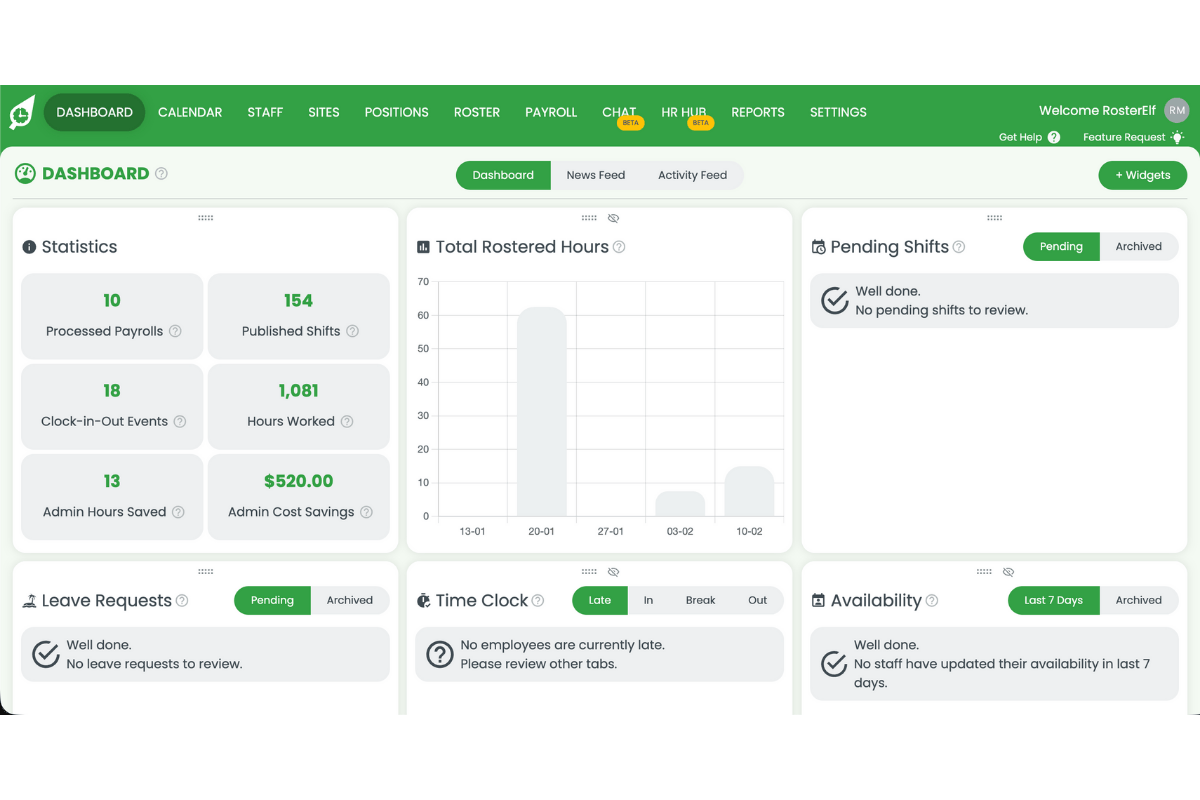 Screenshot of RosterElf dashboard showing main navigation menu