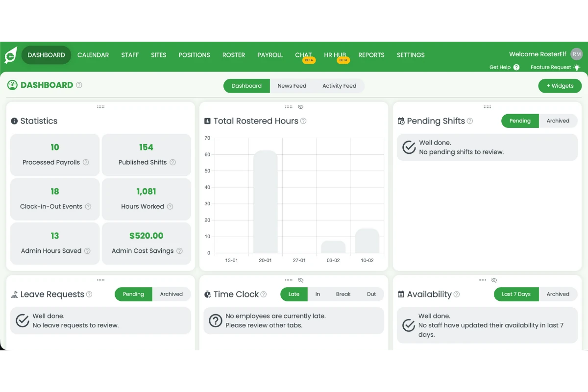 RosterElf dashboard home screen showing main navigation menu