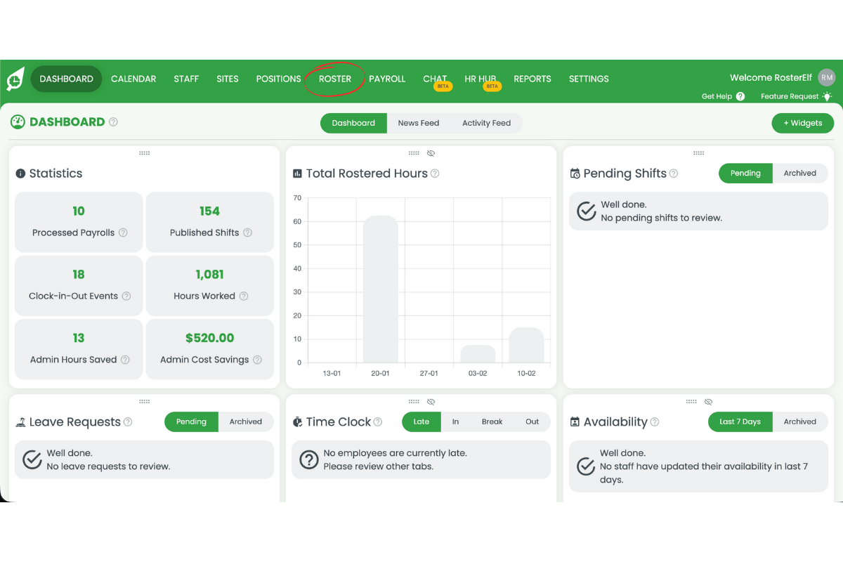 Screenshot showing Roster tab highlighted in RosterElf top navigation